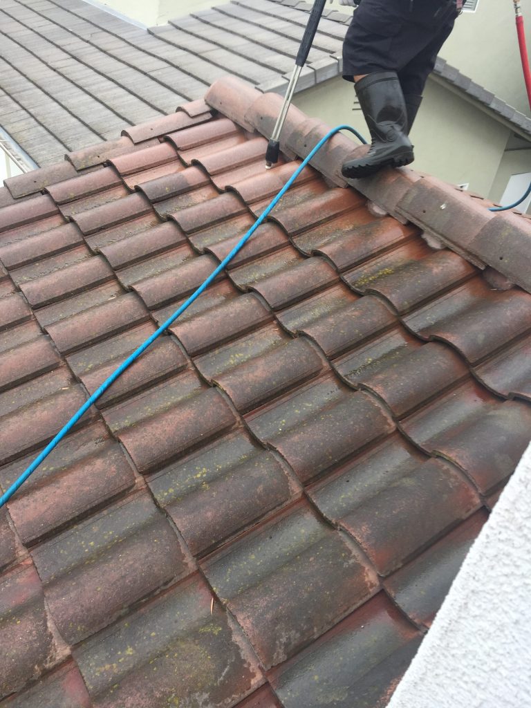 Starting to clean the roof with our extremely high powered pressure washer.